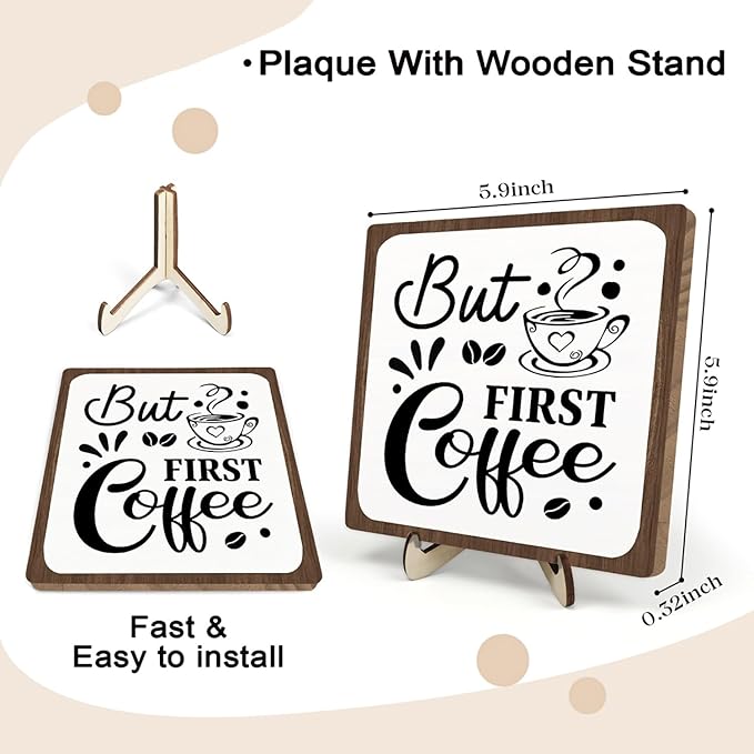 Coffee Bar Sign Plaque, Coffee Bar Accessories,Rustic Farmhouse Cafe Sign for Kitchen Office,Wooden Tabletop Plaque with Stand,Cute Mini Café Bar Decor Gift 5.9x5.9inch