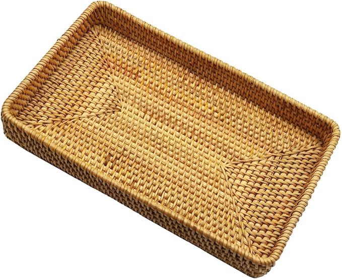 RT&BS Large Rattan Tray Rectangle, Rattan Barbecue Tray, Natural Rattan Serving Trays, Bathroom Vanity Trays, Handwoven Serving Basket for Food, Drinks, Decor in Kitchen, Restaurant, Bar, Cafés