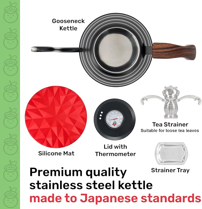 Black Japanese Gooseneck Kettle Stovetop with Thermometer and Insulated Handle (4-piece, 40.6 oz /1200ml), Stainless Steel Pour Over Tea Stovetop Kettle, Precision Pour Kettles Pot