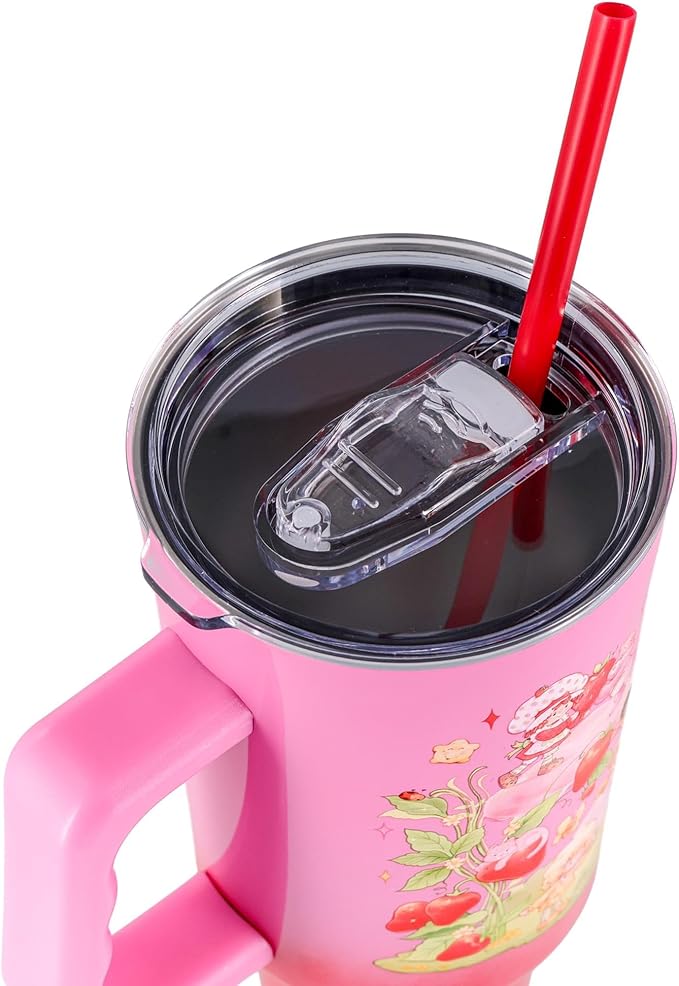 Silver Buffalo Care Bears and Strawberry Shortcake Ombre Double Walled Stainless Steel Tumbler with Handle, Fits in Standard Cup Holder, 40 Ounces