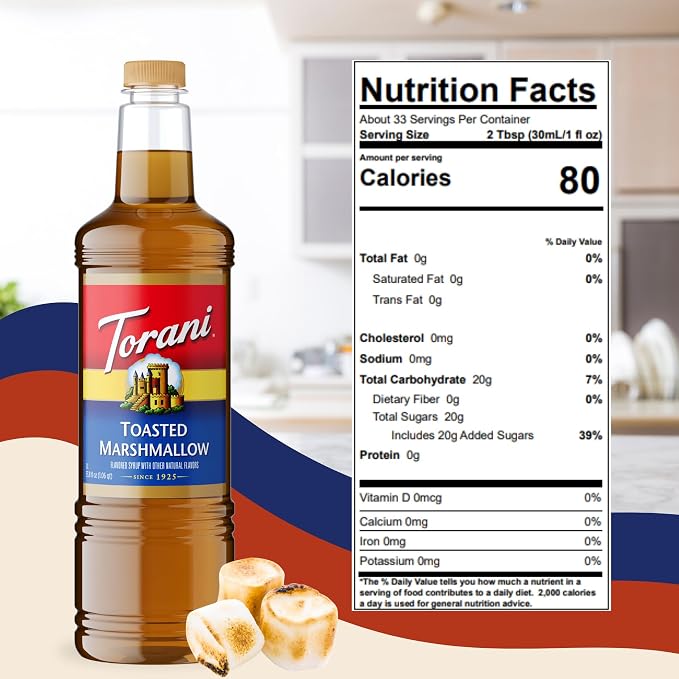 Torani Toasted Marshmallow Syrup 1 Liter Bottle with Pump Dispenser – Rich Coffee Flavoring Made with Pure Cane Sugar & Natural Flavors – Perfect for Lattes, Desserts & Beverages - Image 2