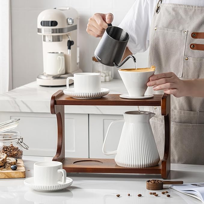Pour Over Coffee Maker Set, 22OZ Ceramic Pour Over Coffee Dripper with Acacia Wood Stand and 5OZ Cups and Saucers Set of 2, Size 02