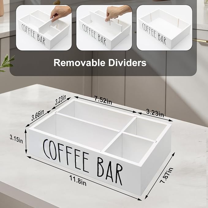 Coffee Station Organizer with Removable Dividers Disposable Cup Holder Wooden Countertop Organizer for Tea Condiment Accessories Storage Farmhouse Bar Decor Black (White) - Image 4