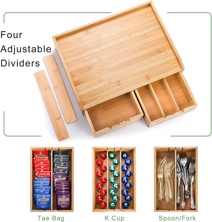 SOUJOY Bamboo Drawer Organizer for Coffee Pod, K Cup Organizer for Counter, Tea Bag Storage Organizer with Drawer and Side Storage Box for Kitchen Office Coffee Bar - Image 6