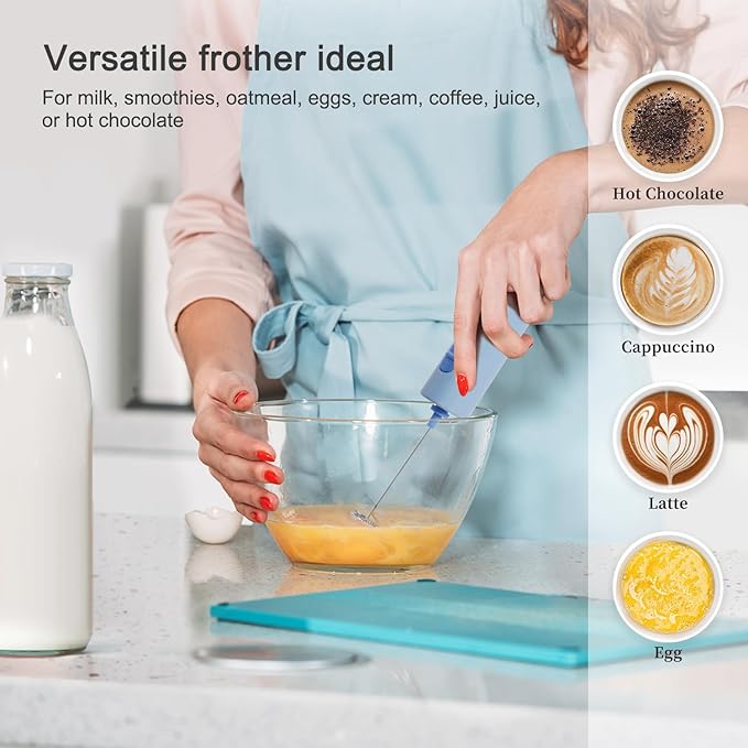 Portable Coffee Frother by ELMWAY, Battery Operated Electric Whisk, Mini Milk Frother Handled for Coffee, Latte, Matcha and Protein Powder - Blue
