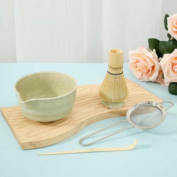 Matcha Whisk Set, 5 Pcs Matcha Set Whisk and Bowl with Spout, Matcha Whisk Holder, Matcha Spoon, Stainless Sifter, Perfect Matcha Kit for Matcha Lover (Matcha Green)