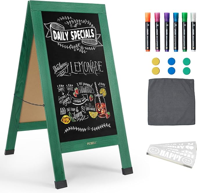 Large Sandwich A-Frame Chalkboard Sign - 40 x 20 Inches Green Magnetic Wooden Chalk Board for Sidewalk, Stand up Double-Sided Outdoor Easel Display for Restaurant Cafe Shop Wedding Party or Business by Pubell