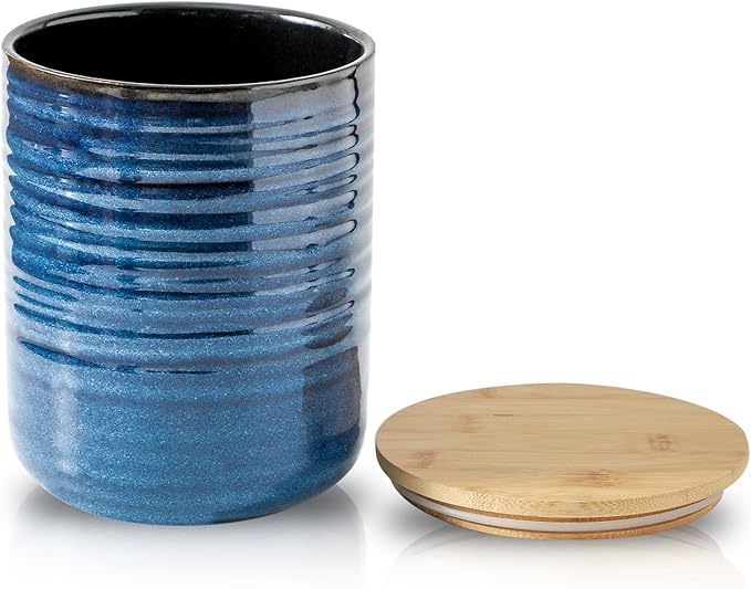 HASENSE 80oz Ceramic Food Storage Jar with Airtight Bamboo Lid – 7.5 Inch Large Kitchen Canister for Coffee, Sugar, Flour, Tea, Snacks – Wide Mouth Blue Container for Pantry Organization
