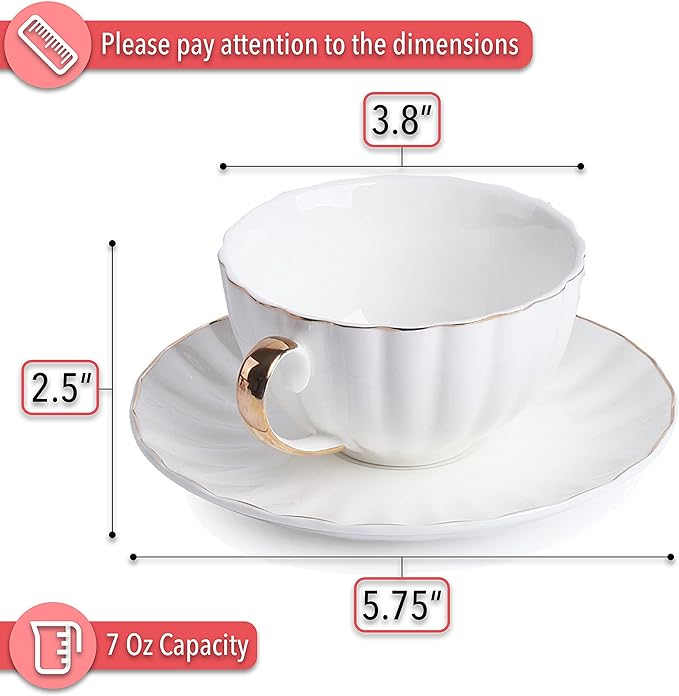 BTaT- Cappuccino Cups with Saucers 7 oz, Set of 6, White Porcelain Coffee Cup and Saucer Set for Latte with Golden Trim Design, Dishwasher Safe, Mocha, Tea, Au Lait, Flat White