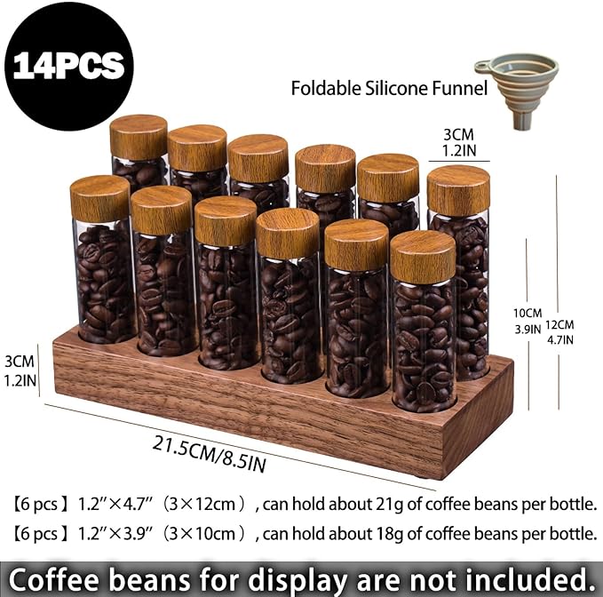 Coffee Bean Storage,Coffee Storage Container with Walnut Solid Wood Base,Coffee Bean Container,12 Tubes Single Dose with Wooden Holder(Type 2)