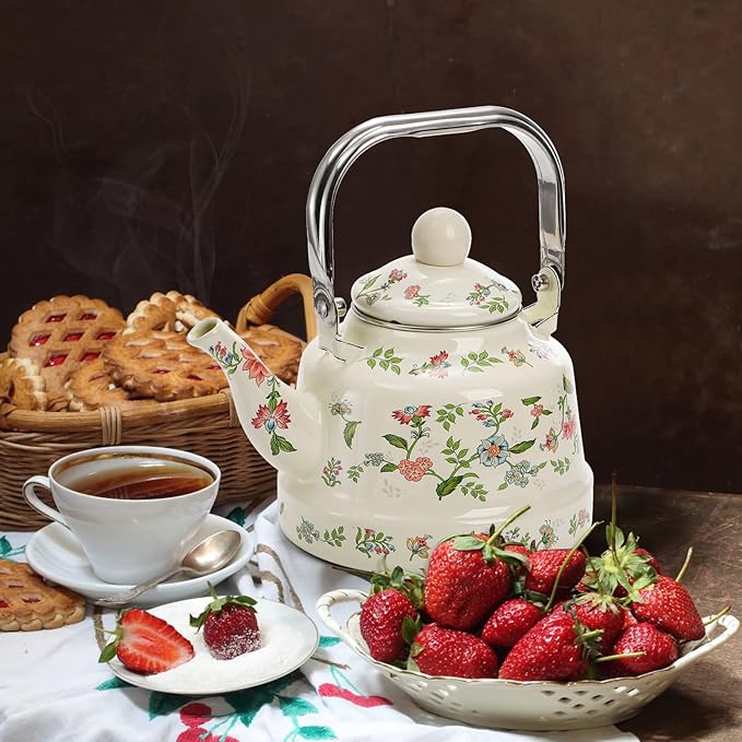 Jucoan 1.8 Quart Vintage Enamel Stovetop Tea Kettle, Retro Green Floral Enamel on Steel Teapot with Removable Infuser for Camping, Gift for Wedding Housewarming Easter