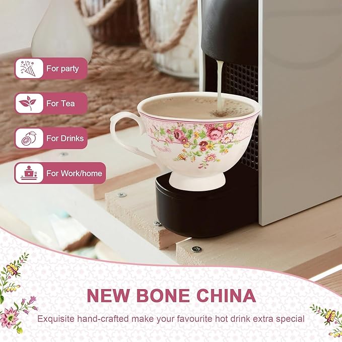 Cup and Saucer Sets of 2 with Spoon, 8 OZ Large Coffee Espresso Teacup New Bone China Floral Vintage Cup & Saucer Sets Porcelain Tea Latte Mugs -Microwave Dishwasher Safe