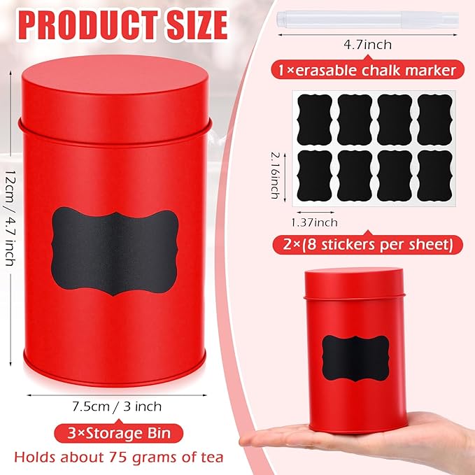 Tanlade 3 Pcs Tea Tin Canister Metal Round Can with Airtight Lid Double Sealed Tea Tin Canisters, with 1 Erasable Chalk Marker and 16 Stickers for Loose Leaf Coffee Sugar, 14 oz