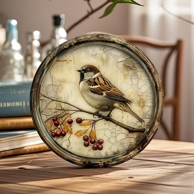 A Vintage Bird with a Cherry Round Wooden Sign, 8X8 Inches,Printed Wooden Wall Art, Suitable for Home, Kitchen, Garden, And Office Decor - The Perfect Holiday Gift. by Unknown