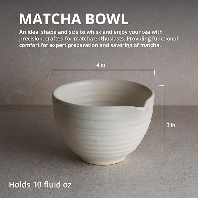 Goodies White Matcha Bowl, Handmade Ceramic, Glazed, Dishwasher Safe, Microwave Safe, Spill-Free Spout for Easy Mix and Pour, Perfect for Whisked Matcha and Tea, 10 oz
