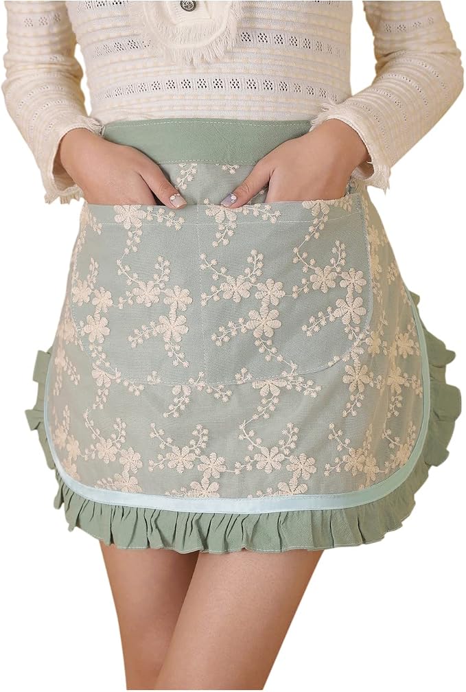 Unisex Chef Aprons White Retro Cotton Maid Short 2 Pockets Waist Waiter Waitress Half Apron by Caatoor