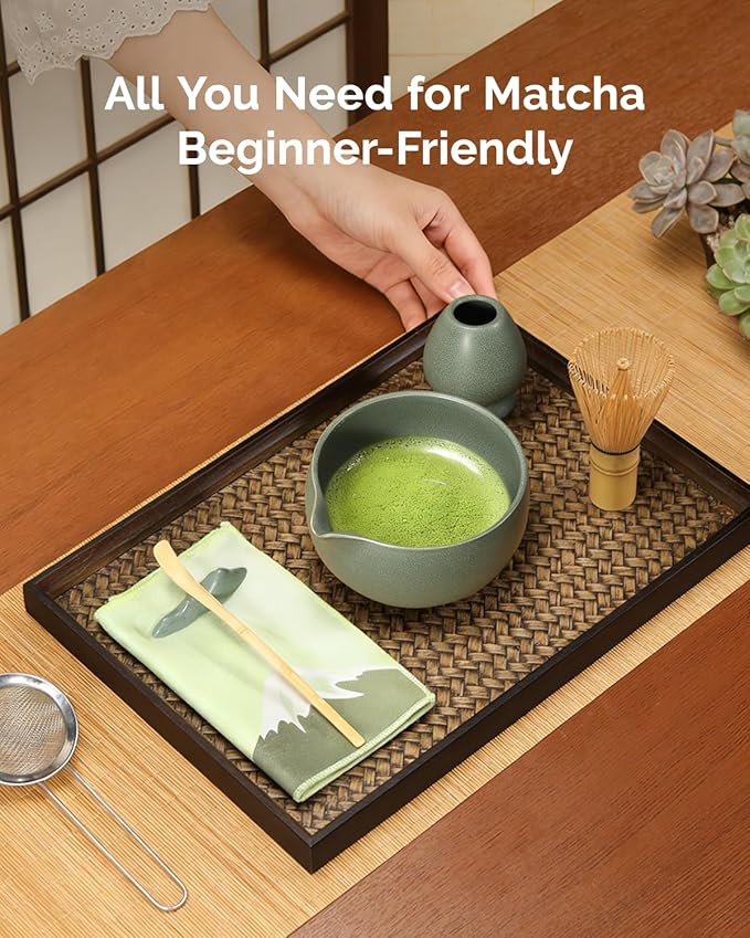 Maestri House Matcha Whisk Set, 7-Pc Complete Matcha Kit with Spouted Ceramic Bowl, Bamboo Whisk and Holder, Scoop, Spoon Rest & Sifter, Tea Cloth – Ideal Gift for Matcha Lovers (Moss-Green)