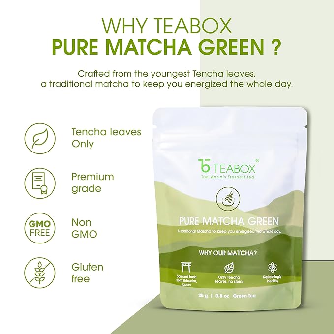 Teabox Matcha Green Tea Powder | 100% Pure & Fresh Authentic Premium Grade Matcha From The wengest Tencha Leaves | Sourced From Shizuoka, Japan | 25 Grams
