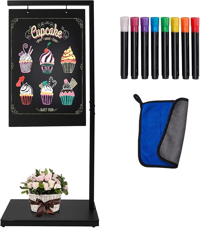 Pubell Chalkboard Signs with Stand, 43" x 18" Black Metal Easel, Double-Sided Hanging Outdoor Chalkboard Sign for Cafe Bar, Bistro, Florist, or Wedding