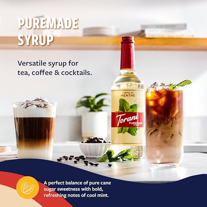 Torani Puremade Syrup, Crème de Menthe Flavoring, Perfect for Lattes, Iced Coffees, and Milkshakes, Pump Included, 25.4 Oz