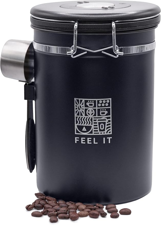 Stainless Steel Coffee Canister - 21oz Airtight Kitchen Food Storage Container with Date Tracker, CO2-Release Valve and Measuring Scoop For Ground Coffee, Beans, Tea, Sugar, Large