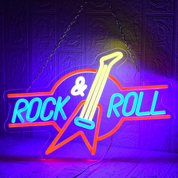 Rock Roll Neon Sign Guitar Neon Sign Led Neon Light for Wall Decor USB Powered Dimmable Music Neon Light for Bar Bedroom Music Studio Vocal Recital Concert Man Cave