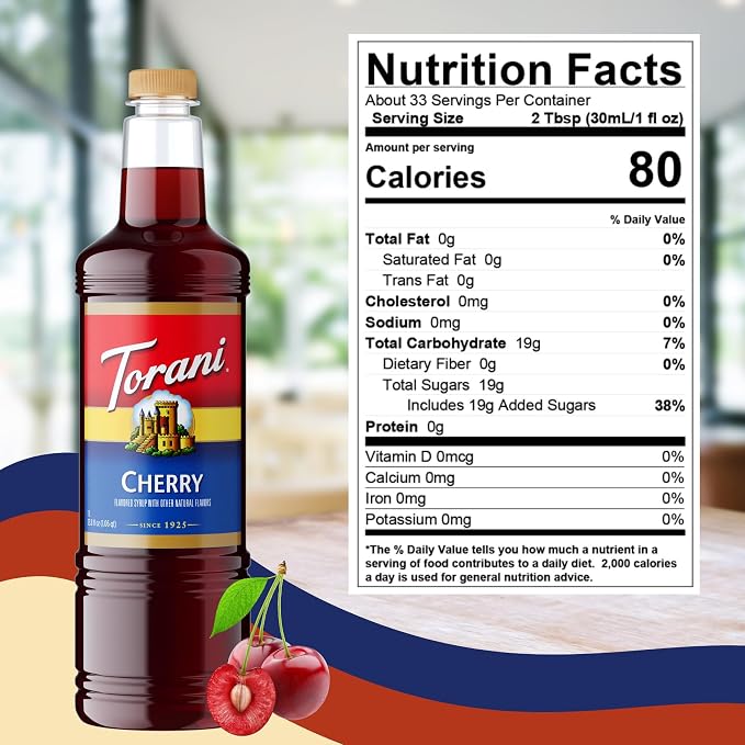Torani Cherry Coffee Syrup 1 Liter Bottle with Pump Dispenser – Flavored Syrup for Lattes, Teas, Cocktails, Lemonades & Desserts – Premium Coffeehouse Quality Drink Syrup - Image 2
