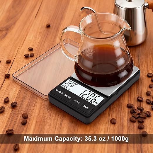 Coffee Scale with Timer 1000g /35oz, Accuracy 0.1g, Espresso Scale for Both Pour Over and Espresso Machine, Units in Gram and Ounce, Easy Control Timer, Mini Scale for Coffee