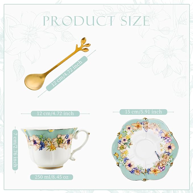 Country Roses Porcelain Tea Cup and Saucer Set with Gold Trim, Vintage Style, For Women and Tea Parties (1, Light Cyan)