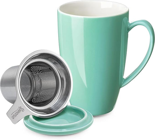 Sweese 15oz Porcelain Tea Mug with Infuser and Lid – Microwave Safe, Ergonomic Handle, Lead-Free Glaze, for Loose Leaf Tea Mint Green;
