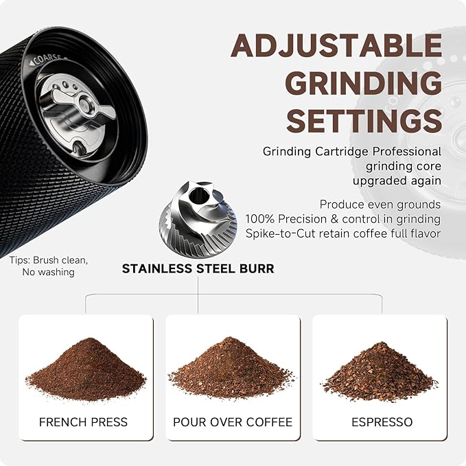 Manual Coffee Grinder, Stainless-Steel Burr Hand Crank, Adjustable Grind for Espresso, Pour Over, French Press, Quiet Portable Travel Coffee Bean Grinder, Easy Clean (Black)