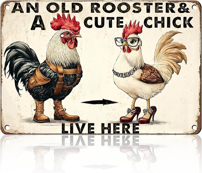 An Old Rooster A Cute Chick Live Here Metal Sign Retro Tin Sign Wall Decor for Farmhouse Kitchen Cafe Home Yard 12×8 Inch by Unknown