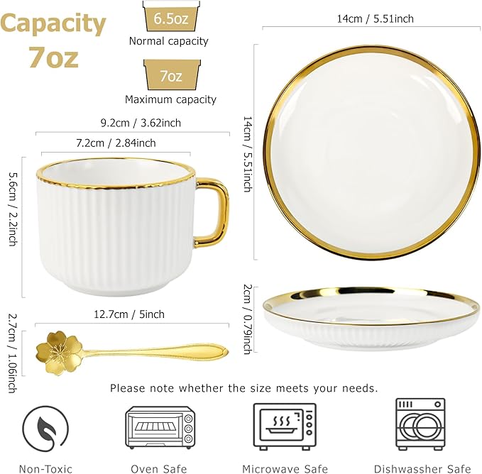 Cappuccino Cups Set of 4, 7oz Espresso Cups Set with Saucers and Spoons, Gold Trim Ceramic Coffee Tea Cups for Latte, Mocha, Au Lait, Dishwasher & Microwave Safe, Art Deco (Gold Striped/200ml)