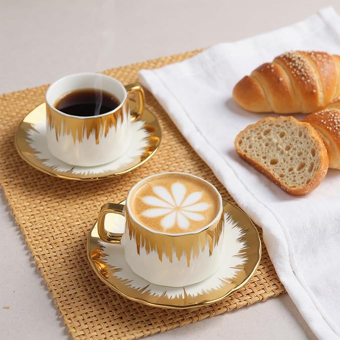 Coffee Cup Set of 6 with Saucers, 3.5 OZ Ceramic Espresso Cups Set, Gold Trim Turkish Coffee Cup Gift for Cappuccino, Latte, Cafe Mocha and Tea, Dishwasher & Microwave Safe(Gold Rim)