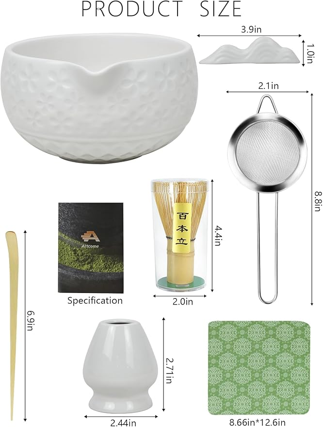 Artcome Matcha Tea Set – Green Sakura Embossed Ceramic Bowl 17oz with Bamboo Whisk, Whisk Holder, Strainer, Scoop, Tea Spoon, Cloth – Traditional Japanese Matcha Kit for Daily Use & Gift Giving