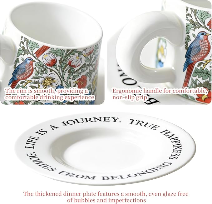 Ceramic Cup and Saucer Set, Luxurious Coffee/Tea Mug, Vintage Beautifully Printed Cups with Handle Practical Gifts for Women Housewarming/Birthday/New Year/Valentine's Day/Mother's Day, 8.8oz (White)