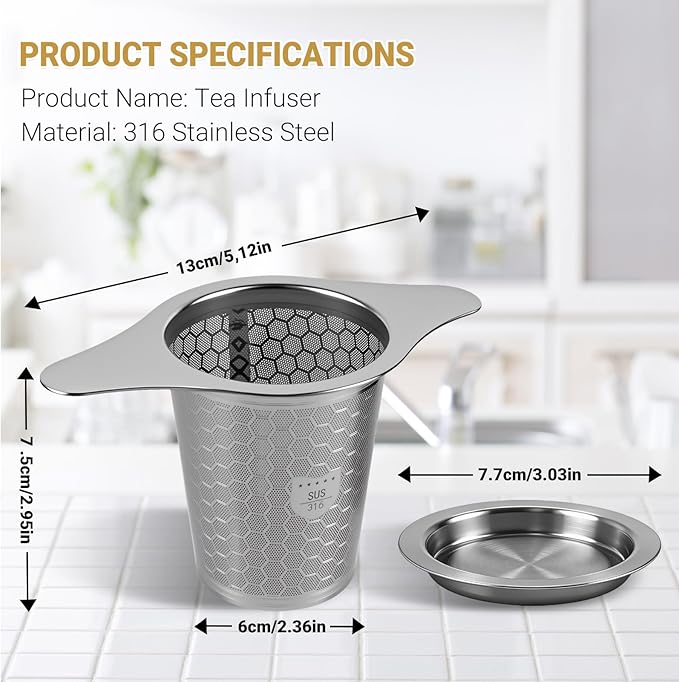2 Packs 316 Stainless Steel Tea Infuser Extra Fine Mesh Strainer With Wide Rim Handles for Hanging on Teapots or Cups to Steep Loose Leaf Tea and Coffee