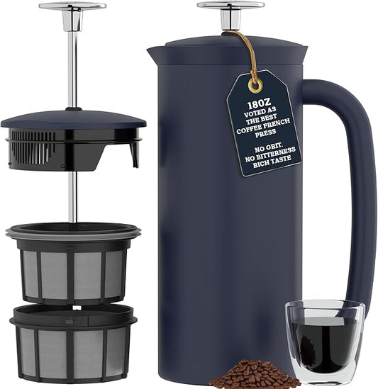 ESPRO P7 French Press Stainless Steel 304 – Patented Double Walled Micro-Filter Insulated French Press Coffee Maker, Grit-Free Brew - Heat Resistant BPA Free - Agean Blue (18oz)