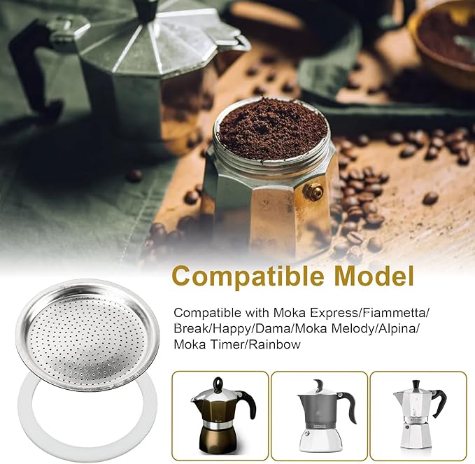 Moka Pot Spare Parts Replacement for Bialetti 3/4 Cups, Moka Pot 3 Cup Silicone Gasket and Food-grade Aluminum Filter Plate Compatible with Moka Express, Fiammetta Moka Pots, 6 Pcs Gasket and 2 Plate.