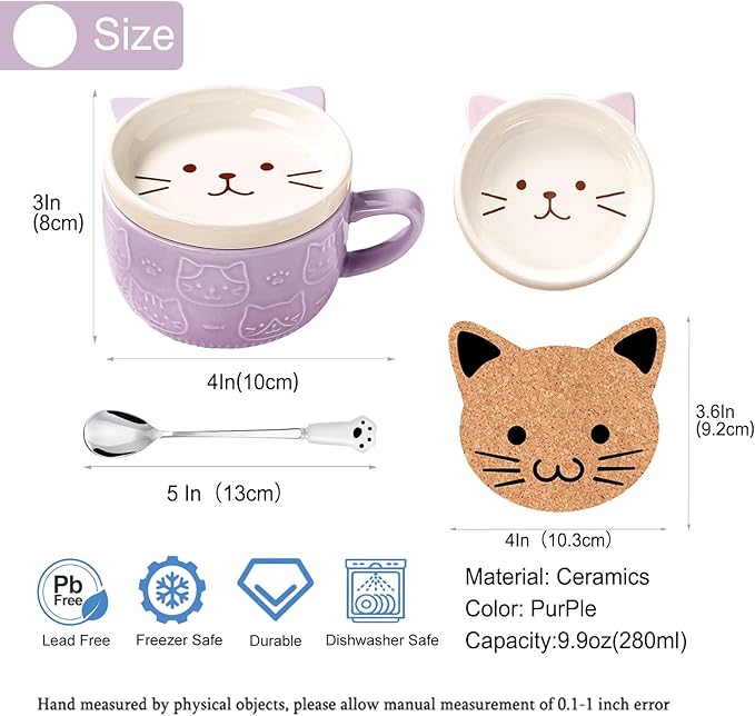 BigNoseDeer Cute Cat Mug Kawaii Tea Cup Purple Ceramic Coffee Mug with lid,Tea Cups and Saucers for Dessert Cute Gifts Cat Gifts for cat Lovers Christmas gifts 10oz(Purple)