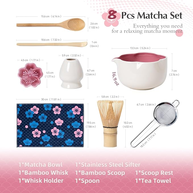 Matcha Set, 8Pcs Floral Ceramic Matcha Kit with Matcha Whisk, Holder, Scoop, Scoop Rest, Sifter, Spoon and Tea Towel - Thoughtful Matcha Whisk Set Gift for Matcha Lovers (Beige & Pink)
