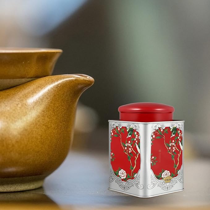 BESPORTBLE Red Tinplate Tea Canister with Airtight Double Lids - Square Sealed Storage Container for Loose Tea, Coffee, Spices, and Candy - 4.01X4.01X5.90In