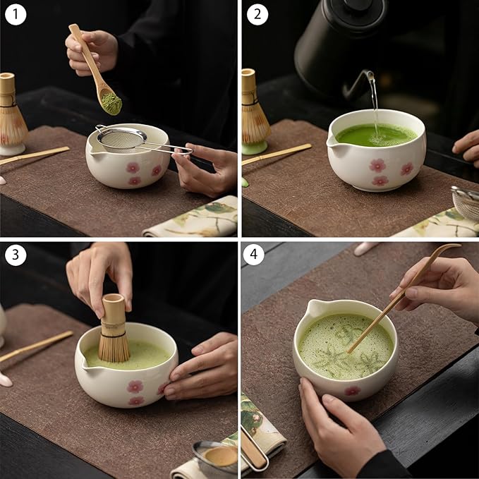 Matcha Whisk Set,8 Pcs Ceramic Matcha Set,Matcha Kit for Matcha Lovers,Tradition Tea Set Includes Bowl,Bamboo Whisk and Holder,Scoop,Sifter and Towel,Gift for Family and Friend (Light blue)
