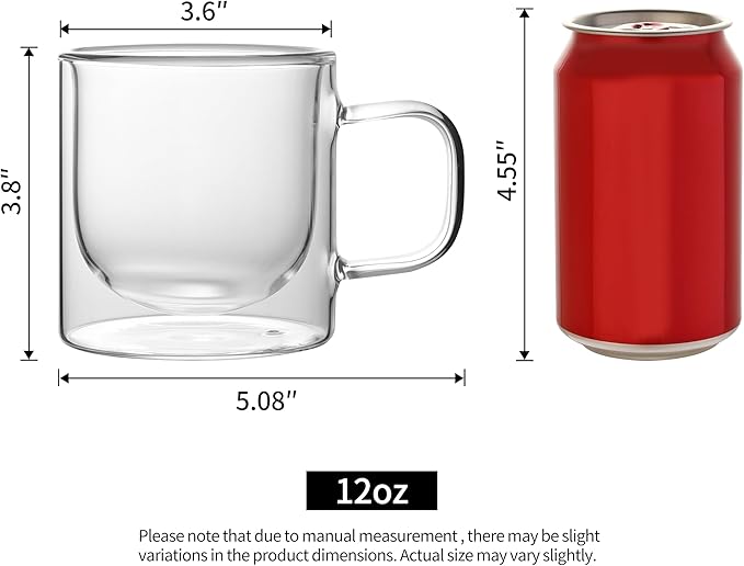 NIRA.Z 12 OZ Double Walled Glass Coffee Mugs Set of 2 Clear Coffee Cups with Handle 355ml Hand-Blown Insulated Glass Tea Cups for Hot & Cold Beverages, Cappuccino, Latte, Tea Bags, Espresso, Americano