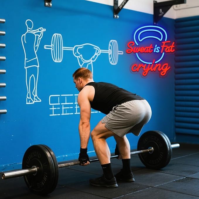 Sweat Is Fat Crying Neon Sign for Wall Decor Dimmable Gym Led Sign for Fitness Room Funny Neon Light for Workout Room Garage Man Cave Club Party Decor Gift for Trainer Exercise Lover