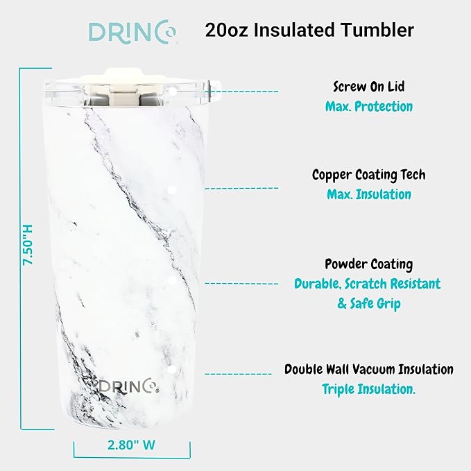 Drinco - 20 oz Stainless Steel Tumbler | Double Walled Vacuum Insulated Mug With Lid, 2 Straws, For Hot & Cold Drinks (20oz Calacatta Marble)