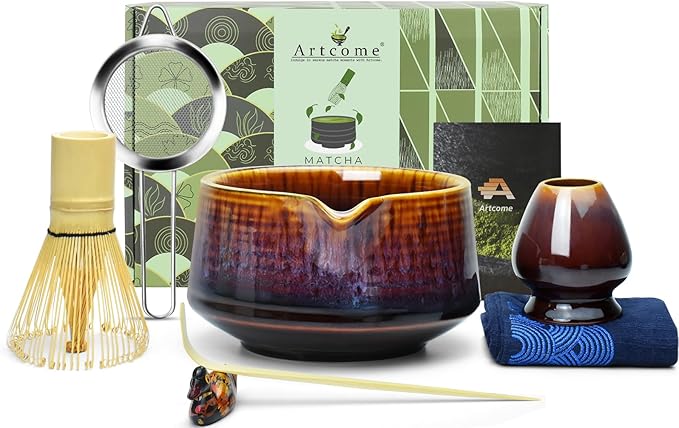 Artcome Matcha Tool Set - Complete Kit with Matcha Bowl with Spout, Bamboo Whisk, Tea Scoop, Whisk Holder, Scoop Holder, Tea Cloth & Powder Strainer, Red-Blue Glaze