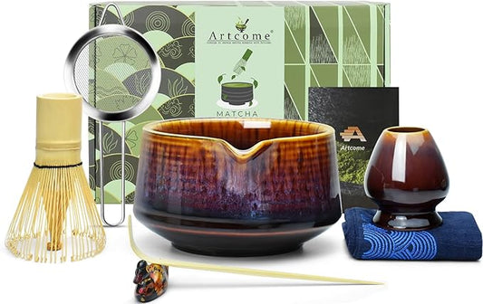 Artcome Matcha Tool Set - Complete Kit with Matcha Bowl with Spout, Bamboo Whisk, Tea Scoop, Whisk Holder, Scoop Holder, Tea Cloth & Powder Strainer, Red-Blue Glaze