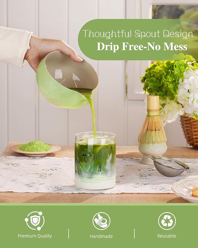 ZENS Matcha Whisk Set, Matcha Kit Set, Matcha Bowl with Spout, Bamboo Whisk & Scoop, Chasen Holder, 304 Sifter & Tea Mat, 6pcs Japaness Matcha Kit for Matcha Lovers, Birthday Gift, Pale Green