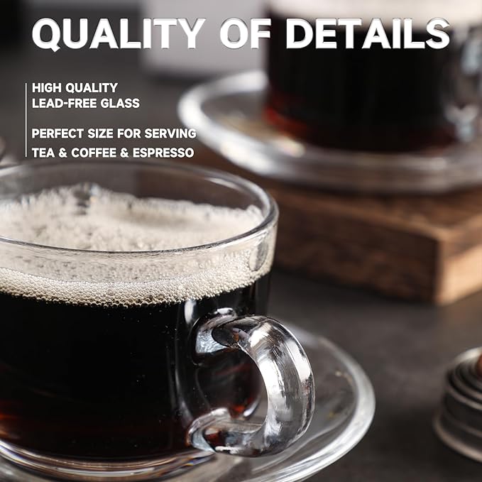 Glass Tea Cups and Saucers Set of 6, Clear Coffee Mugs with Stainless Steel Spoon, Dishwasher & Microwave Safe Teacups for Espresso Cappuccino Latte Tea Juice, 6OZ/180ML